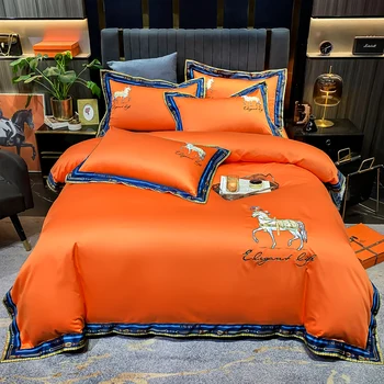 Nove Luksuzne Oranžna 600TC Egiptovski Bombaž Konj Vezenje Posteljnine Komplet Dvojne Rjuhe Kritje Niz Posteljo Stanja Pillowcases Tekstil Doma