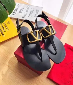 2021 slog usnje ravno elektronske priložnostne modnih ženskih čevljev, classic logotip V visoko kakovost in udobno non-slip sandali