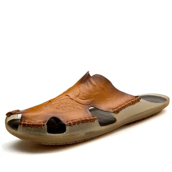 Poletje Pravega Usnja za Moške Sandale Klasičnih Dihanje Slip-On Sandali Moški Priložnostne Plaži Čevlji na Prostem Copate Plus Velikost 38-48