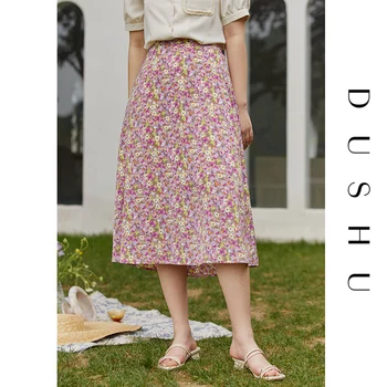 DUSHU Plus velikost poletje cvjetnim tiskanja šifon krilo Ženske elegantno črno dolgo-line krilo Ženske roza boho pomlad visoko pasu krilo