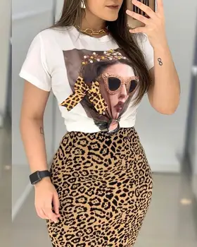Dve Peice Set Za Ženske Priložnostne Krog Vratu T-Shirt Svinčnik Krilo Določa Dame Moda Leopard Tiskanja Urad Ženske Suha Obleka