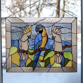 Ustvarjalne Okno Plošča 3 Papige Vitraž Okna Plošči V Oknu Slike Visi Varuha Doma, Okna Okraski Dodatki