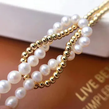 Najboljši prodajalec bridalNew modno oblikovanje dvojno vrstic naravno bela pravi biseri nakit za ženske zlata zapestnica z 5 cm razširitev