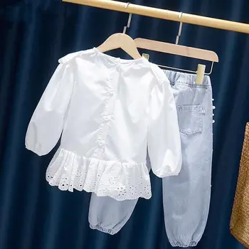 2021 Nov Baby Dekle Čipke Krat Oblačila Moda NiceTop+Denim Jeans Hlače Otroke, Malčke dekliška oblačila sklop Kostum 3 6 8