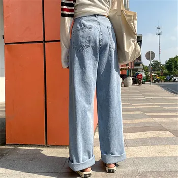 Ženska Jeans Visoko Pasu Oblačila Širok Noge Jeansa, Oblačila Modra Ulične Letnik Kakovosti 2020 Moda Harajuku Naravnost Hlače