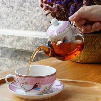 Ptice in Rože Čaj za En Rose Modra Čajnik Krožnik in Teacup Drobnih Kosti Kitajske Teaware z šatulji