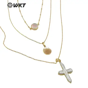 WT-JN109 vroče dama Ogrlica moda trojna plast choker ogrlica ročno gold brass verige pearl lupini choker ogrlica kot darilo
