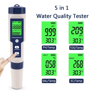 5 v 1 Slanosti/TEMP/TDS/ES/PH Meter TDS Tester Kislost Monitor Bazen Kakovosti Vode Analyzer Prevodnost Monitor za Akvarij