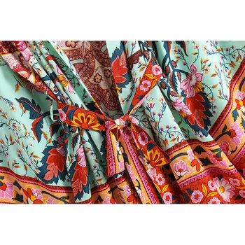 Boho Letnik Pav Cvjetnim Tiskanja Sashes kimono Ženske bohemian V Vratu batwing Rokavi happie kratek haljo Kimono