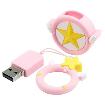 2021 Nova Risanka USB flash disk 128GB Srčkan roza zvezde Pen drive Darila za dekleta lep girly srce tipko veriga obroč Pendrive