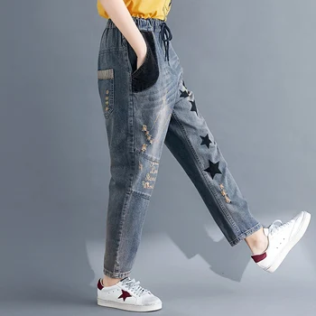 Ženske Modne Koreja Stil Jeans Ženska Letnik Mozaik Raztrgala Zvezda Tiskanja Pismo Vezenje Elastični Pas Denim Jeans Hlače