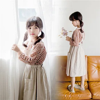 Jeseni Novi korejski Otrok Dolgo Sleeved Kariran Majica + obleko dekleta oblačila sklop 4 7 8 12 14 let stari Otroci Dekliška Oblačila