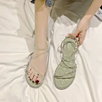 2021 nov Poletni čevlji Ženske Sandale Rimskem Slogu Pleteni Modni Sandali Ravno Gume Toe Post Sandali Ženske stanovanj čevlji, Sandali,