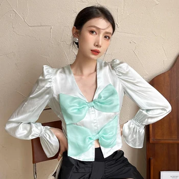 XIZIHUPAN Elegantno Mozaik Bowknot Hit Barve, Majica Za Ženske V Vratu Dolg Rokav Slim Bluze za Ženske Pomlad Moda 2021 Eleganca