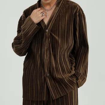 Moški 2 Kosa Obleke, Kompleti Majica+hlače Moški Naguban Žametne Tkanine Priložnostne Dolg Rokav Srajco, Hlače Ulične Vintage Moda Hlače