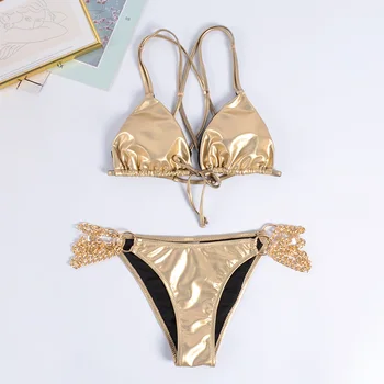 Mossha Trikotnik Roza bikini komplet z Zlato verig 2020 nova High cut kopalke ženske String backless kopalke ženska Seksi biquini