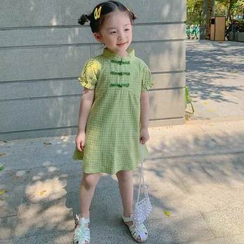 Kitajski Slog Dekleta Cheongsam Poletje Obleko Dekle Mehurček Rokavi Retro Izboljšano Sundress Otrok Oblačila Kariran Zeleno Obleko Za Dekle