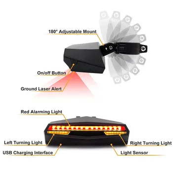 USB Polnilne Izposoja Luč Brezžični Daljinski upravljalnik Kolo Zadaj Lučka za Varnost Opozorilo Vključite Signal Kolesarjenje Lasersko Svetlobo