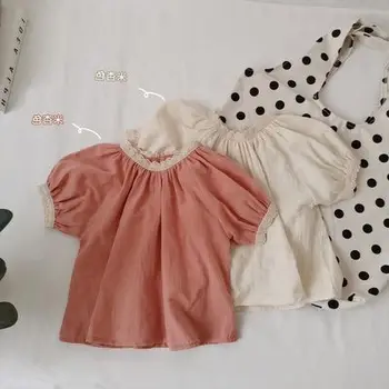 2021 Poletje Novi Korejski Slog Baby Dekleta Čisti Barvi Bluze Čipke Puff Rokav Vrhovi Svoboden Priložnostne Toddlers Otroci Majice