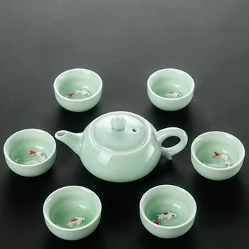 Longquan Celadon ribe čaj nastavite keramični čajnik keramični grelnik vode tea cup ribe kitajski kung fu čaj nastavite drinkware 1pot+6cups