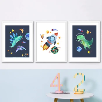 Platno slikarstvo dinozaver risanka plakat in vesolje raketo otroci wall art space platno slikarstvo fant soba dekoracijo doma fram