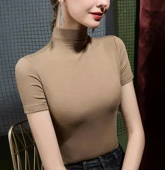 Polovica žensk Visoko Vratu Dno Majica Slim Kratka Sleeved Barva T-shirt