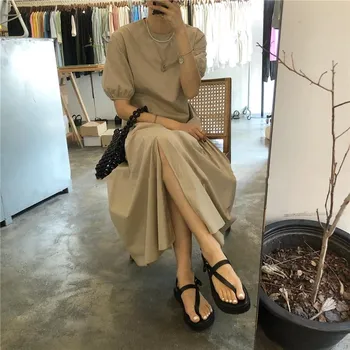 Korejski Slog Dolga Obleka Ženske Poletje Novo 2020 Kratek Rokav Dame Oblačenja Bombaž Moda Nezakonitih Ženske Oblačila T767