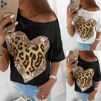 Prodaja Ženske Mode v obliki Srca T Shirt Sequined Leopard Tiskanja Ženske Bluzo Vrhovi Zajemalka Vratu Ženski Pol Rokav Svoboden Tshirt D30