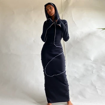 Gothic Hooded Maxi Obleko Pomlad Jesen Dolgimi Rokavi Svetlo Črto Dekoracijo Suh Bodycon Obleke Zimske Ženske Ulične Opreme