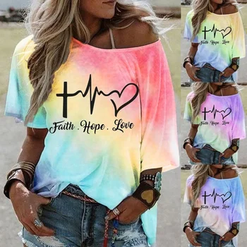 Moda Tie Dye Majica s kratkimi rokavi Ženske Gradient Barvo, Vero, Upanje, Ljubezen, Tiskanje Prevelik Tee Shirt Poletje Y2K Pol Rokav Graphic T-Shirt