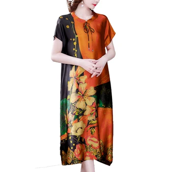 2021 Poletni Cvetlični Svoboden 4XL Plus Velikost Mulberry Svile Dress Vintage Priložnostne Šifon Midi Obleka Ženske Elegantne Bodycon Stranka Vestido