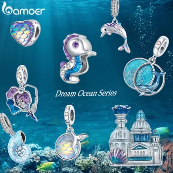 Bamoer 925 Sterling Silver Dream Ocean Serije Emajl Čare, morska deklica Fishtail Hipokampusu Lupini Srce Luskasta Grad Čar BSC433