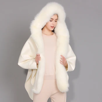 Ženske Zimski Plašč 2019 Elegantno Topla Volna, Dlaka Korejskem Slogu Pravi Lisica Krzno Hooded Modne Dame Plašč Kašmir