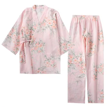 Pomlad/Jesen Pižamo Ženske Čistega Bombaža Gaza Sveže Pol Rokav Kimono Sleepwear Komplet Ženske Svoboden Udobje Tanke Poletje Domov Nositi