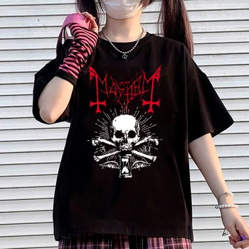 Poletje svoboden ženske T-shirt prevelik ulica Harajuku priložnostne O-vratu T-shirt estetske goth punk lobanje risanka tiskanja kratek sleev
