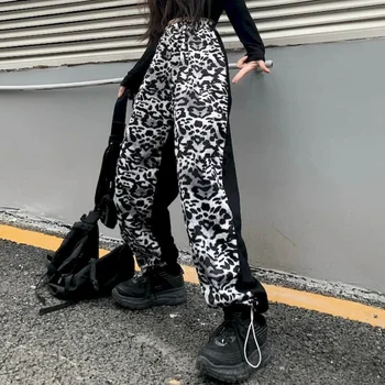 Jesen Pomlad Hlače ulične Ženske Harajuku Patchworked Leopard Hlače Svoboden Naravnost Široko noge Unisex Punk Gothic Dnu