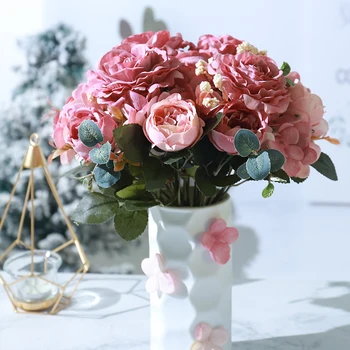 Rose Umetno Cvetje Peony Hibridni Šopek Sobi Doma Steno Poročno Dekoracijo Holding Cvet Jeseni Plastične Puše Ponaredek Cvetje